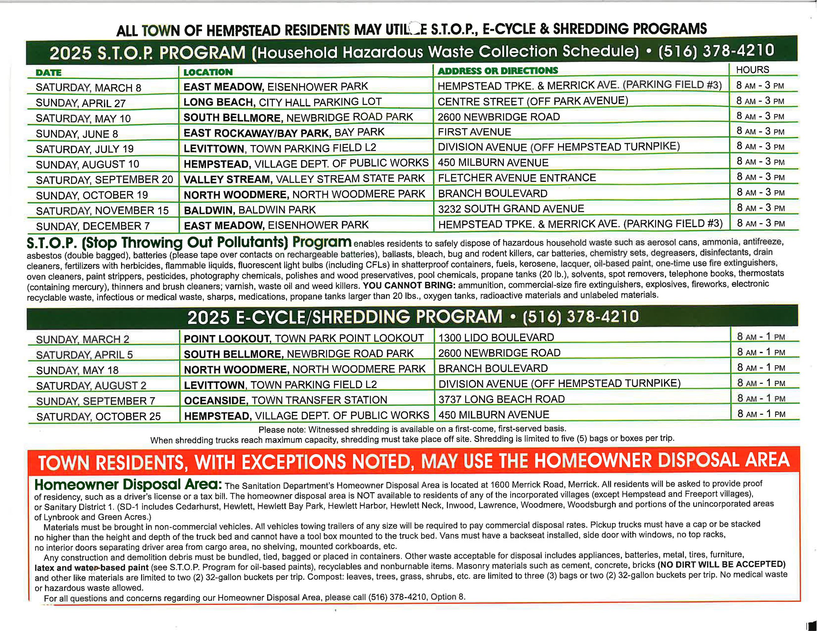 Town of Hempstead E-Cycle, Shredding and S.T.O.P. Programs