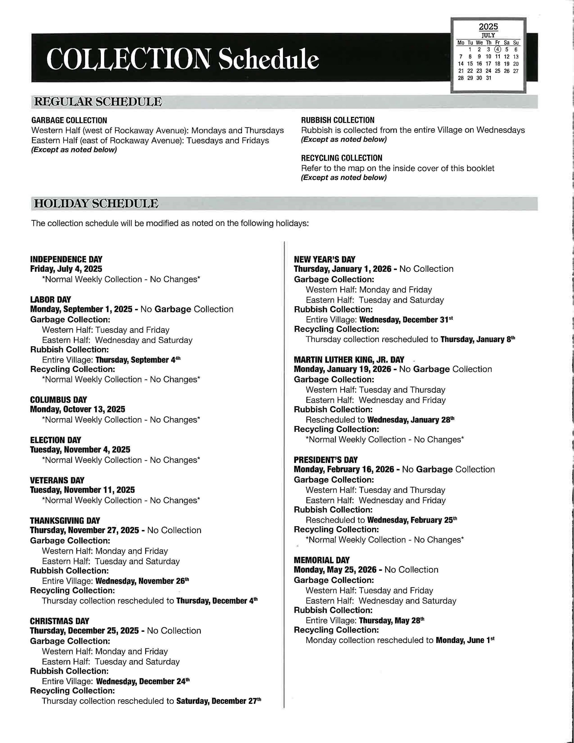 Sanitation and Recycling Collection Schedule - Dec 2025